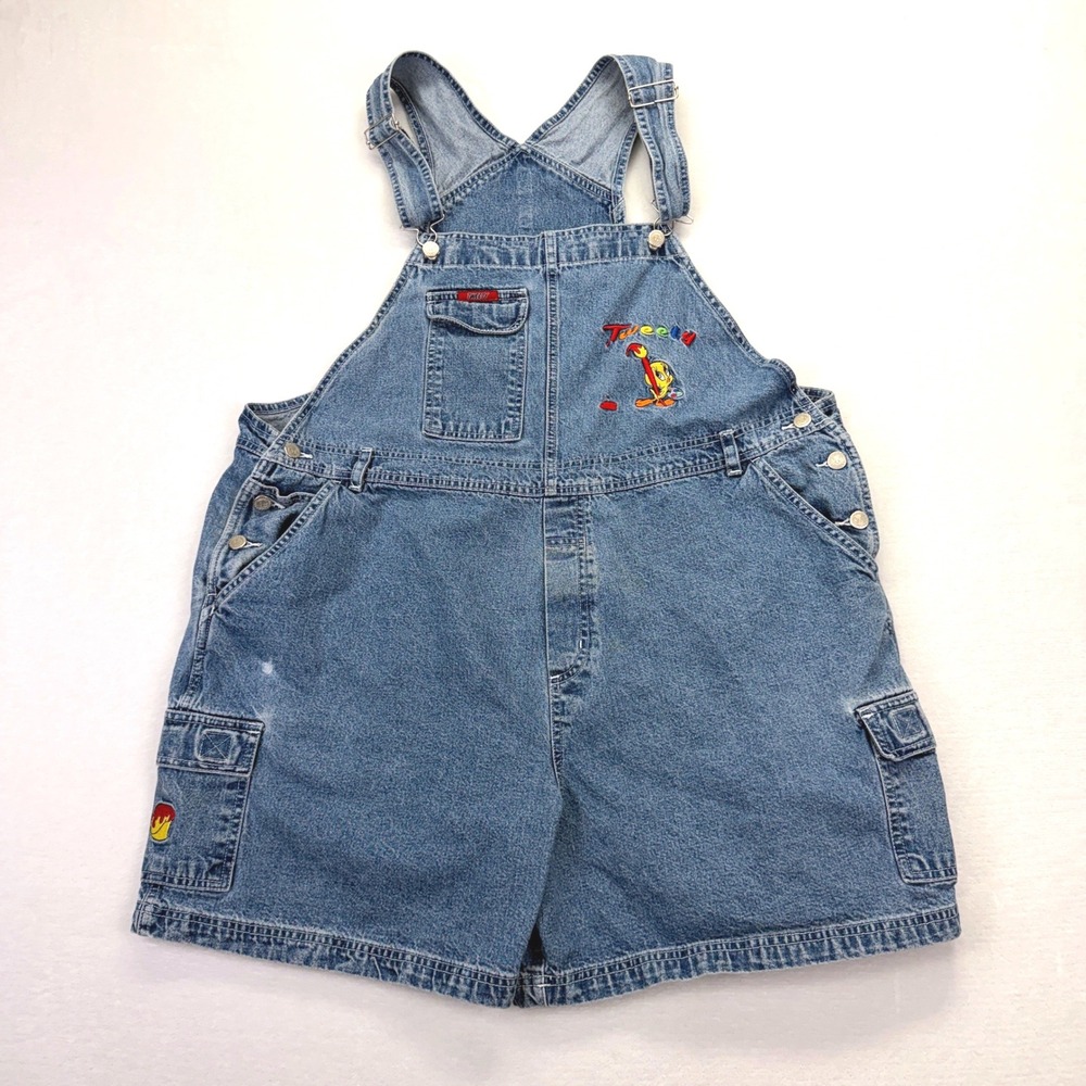 Looney Tunes Overalls Woman 22W/24W Blue Tweety Bird Denim Shortalls Y2K Vintage